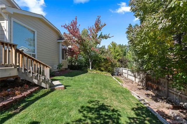 a view of a yard with large trees