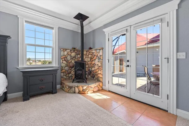 a view of a swimming pool with a lake view