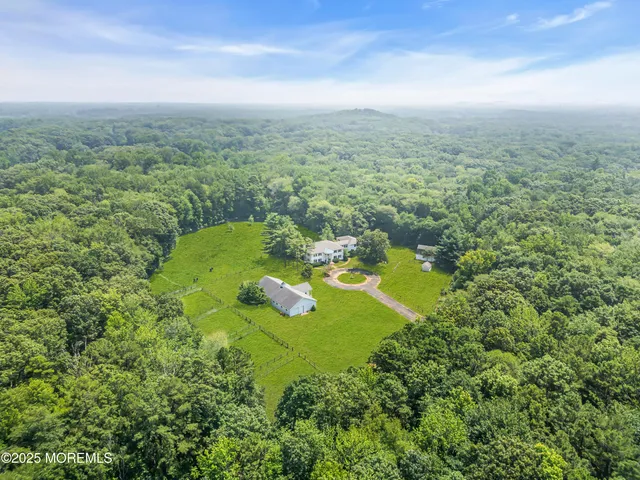 an aerial view of residential houses with outdoor space and trees