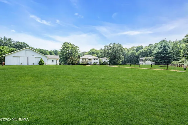 a view of a park with large trees