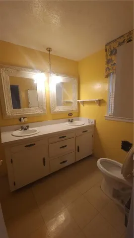 a bathroom with a double vanity sink toilet and mirror
