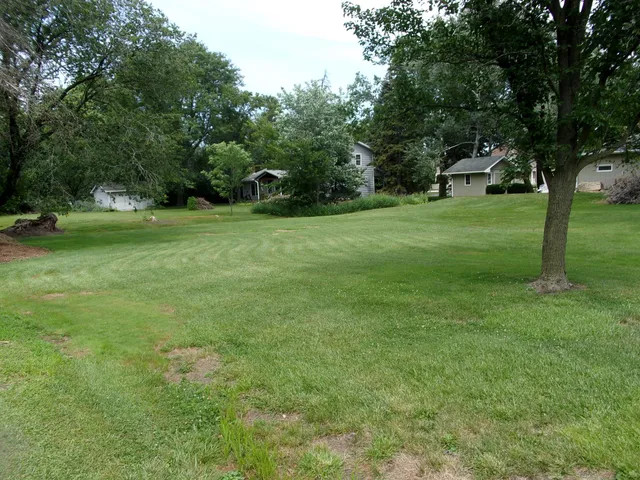 a view of a field with trees in the background