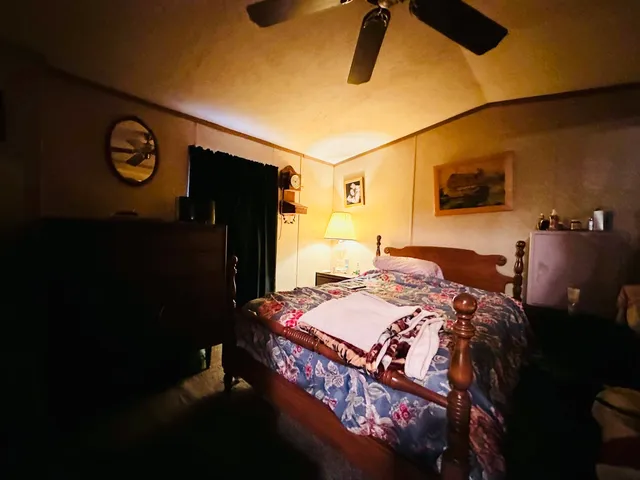 a bedroom with a bed and dresser