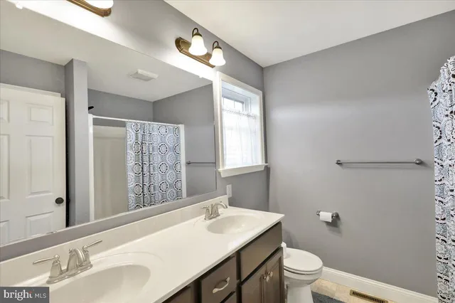 a bathroom with a sink a toilet a mirror and vanity