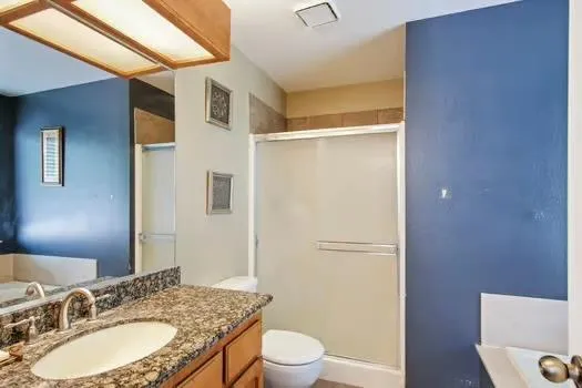 a bathroom with a granite countertop sink toilet and shower