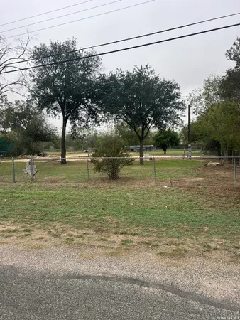 a view of a field with a tree in the background