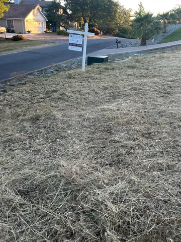 a view of a yard with wooden fence