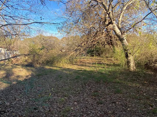 a view of a yard with wooden fence