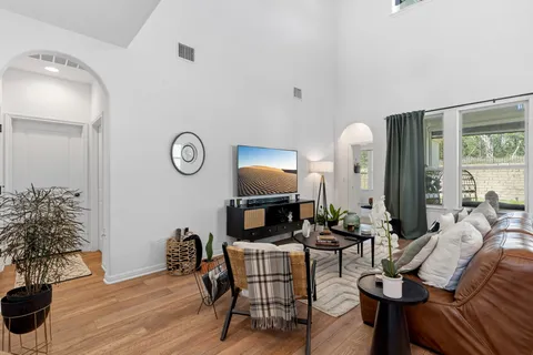 a living room with furniture and a potted plant
