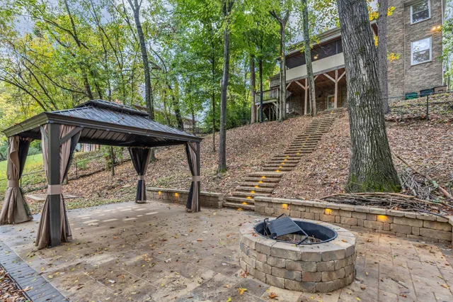 a backyard of a house with table and chairs