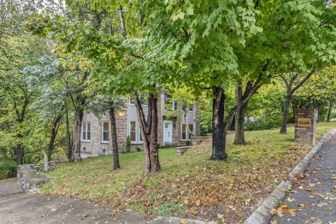 a backyard of a house with lots of plants and large trees