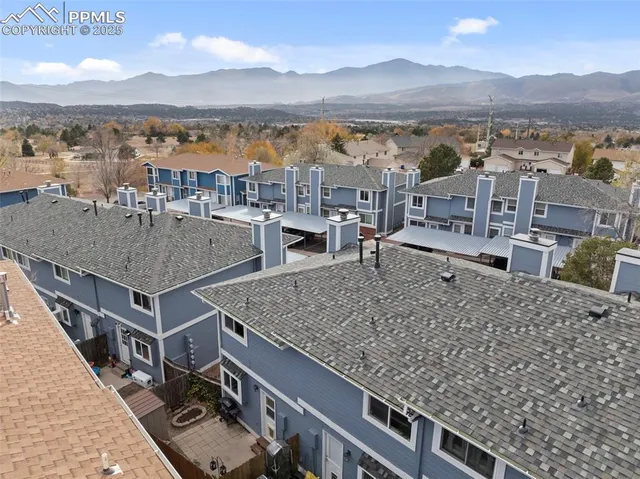 a view of a terrace with a mountain