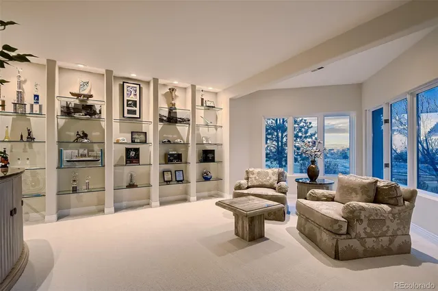 a living room with furniture and a book shelf