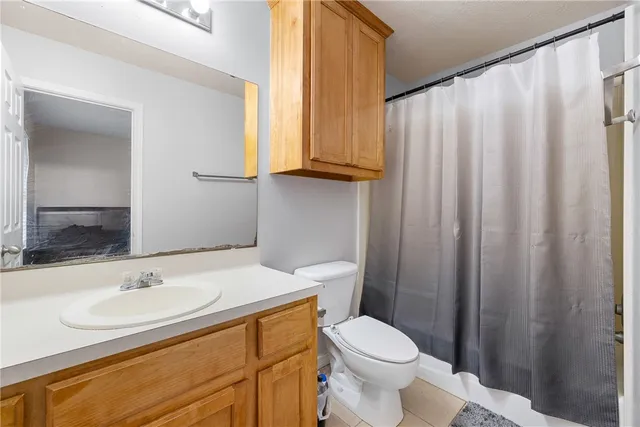 a bathroom with a sink a toilet and shower curtain