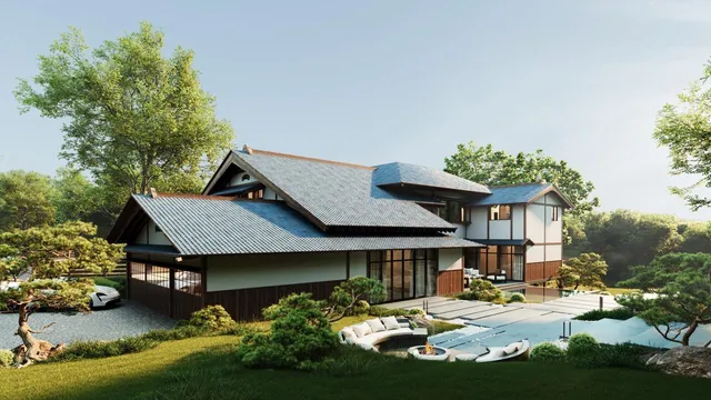 a view of a house with swimming pool and sitting area