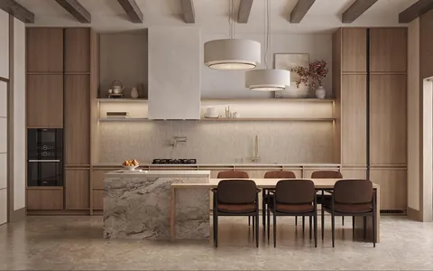 a kitchen with a table chairs refrigerator and cabinets