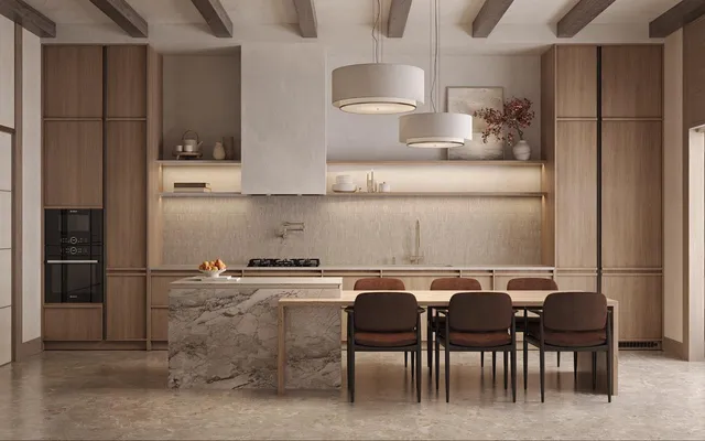 a kitchen with a table chairs refrigerator and cabinets