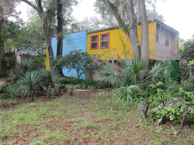 a view of a backyard with plants and large trees