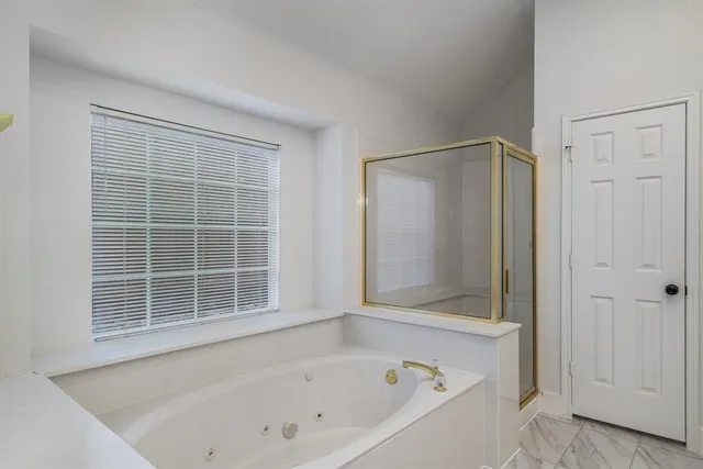 a bathroom with a bathtub and a shower
