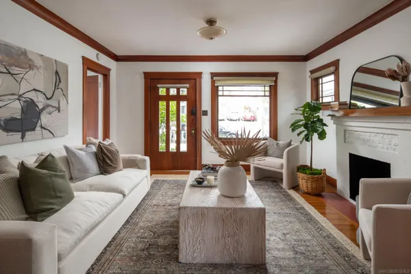 a living room with furniture a fireplace and potted plants