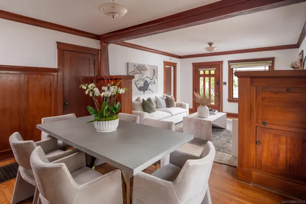 a view of a dining room with furniture window and wooden floor