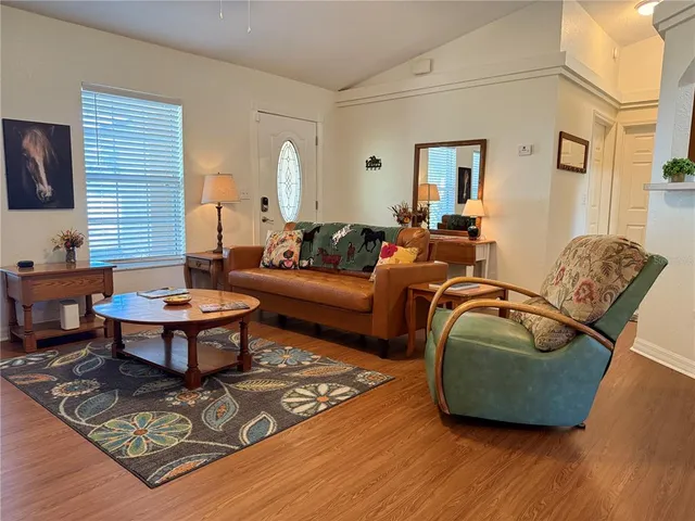 a living room with furniture rug and wooden floor
