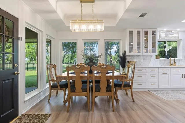 a view of a dining room with furniture window and outside view