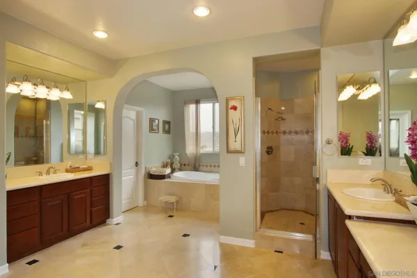 a bathroom with a tub sink shower and mirror