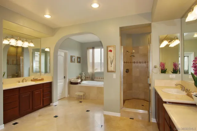 a bathroom with a tub sink shower and mirror