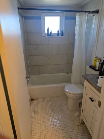 a bathroom with a toilet and a shower