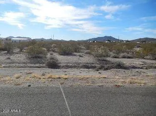 a view of a dry yard with mountains in the background