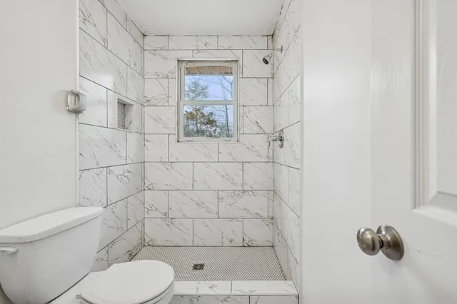 a bathroom with a toilet and a shower