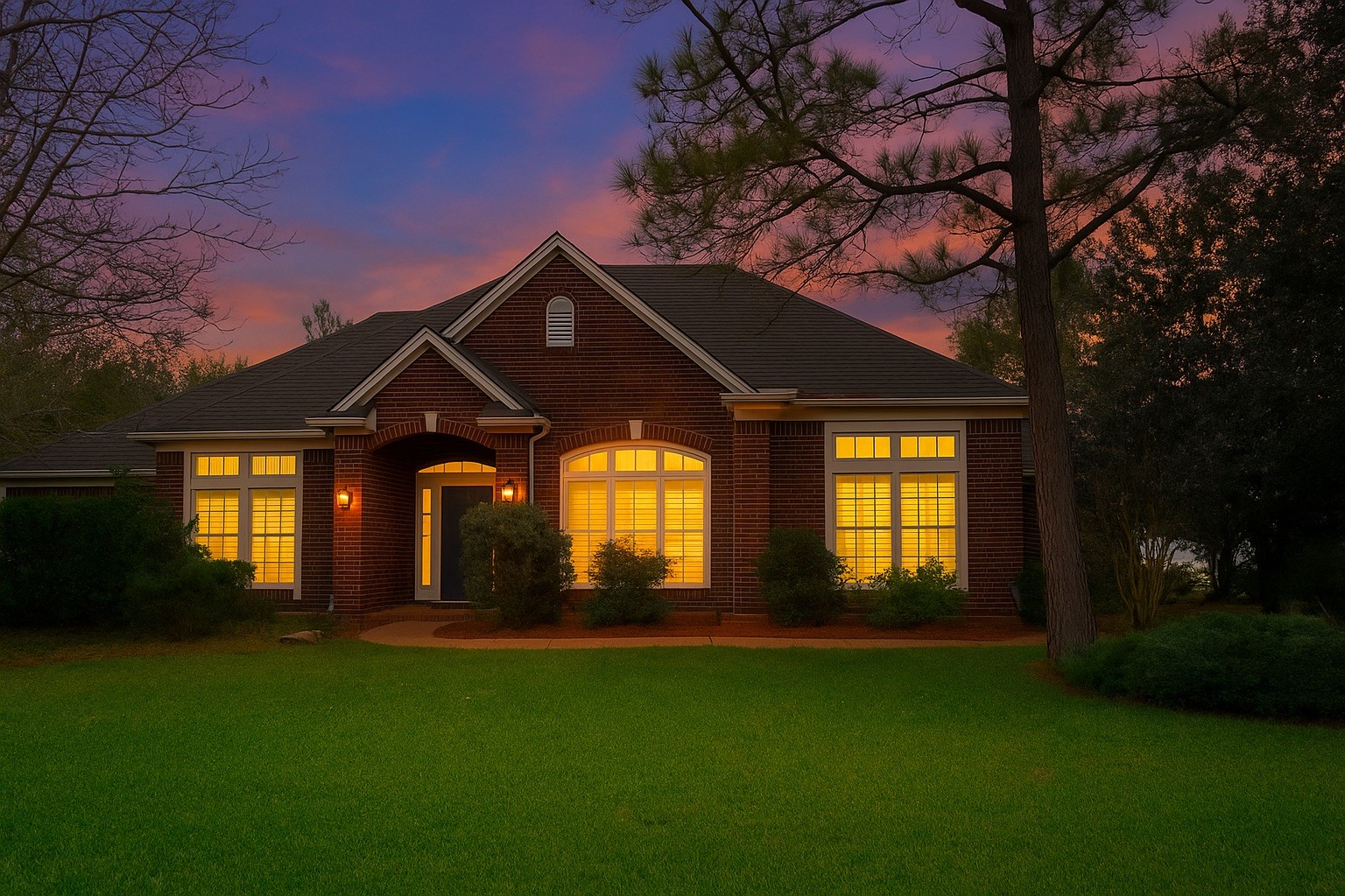 a front view of a house with a large garden
