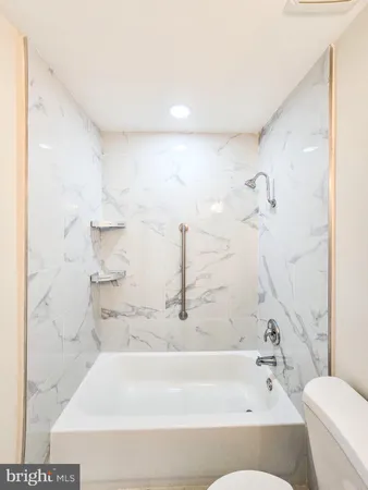 a bathroom with a bathtub and a toilet