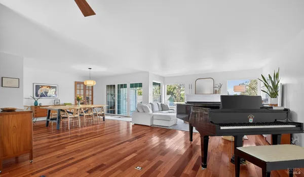 a living room with furniture a dining table and a potted plant