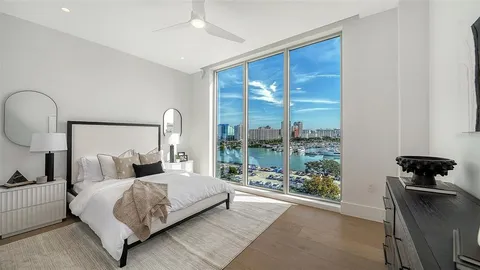 a bedroom with a large bed and a large window