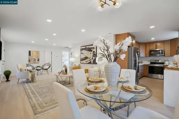 a view of a dining room with furniture