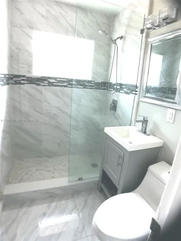 a bathroom with a sink mirror vanity and toilet