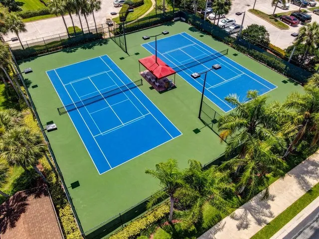 an aerial view of a tennis ground with large trees
