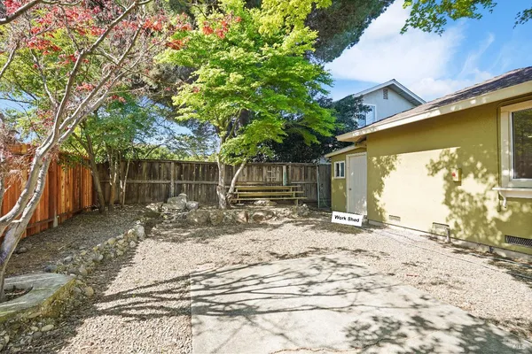 a backyard of a house with large trees and a wooden fence