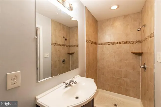 a bathroom with a sink a shower and a mirror