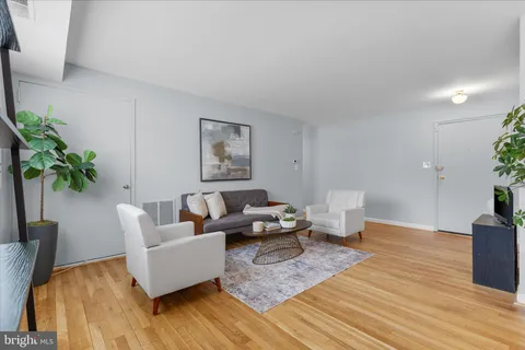 a living room with furniture and a potted plant