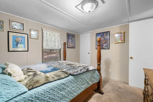 a bedroom with a large bed and a window