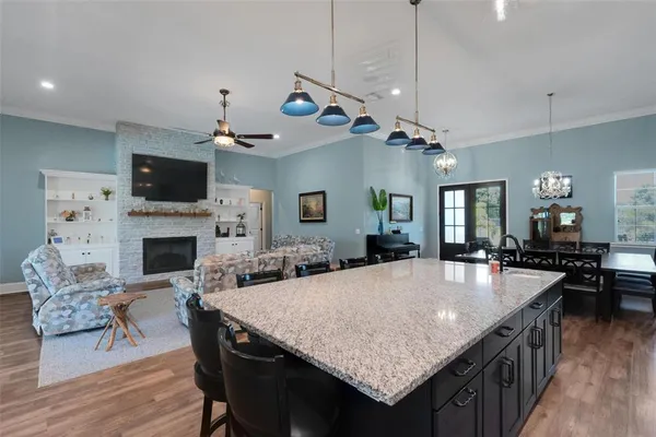 a view of a dining room with furniture a fireplace and wooden floor