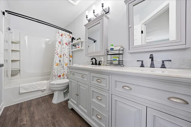 a bathroom with a double vanity sink mirror bathtub and toilet