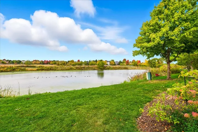 a view of a lake with houses in the back