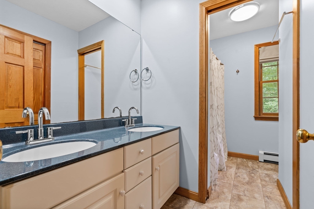 9 Stagecoach Road Princeton, MA 01541 - Photo 27 of 42 a bathroom with a granite countertop sink and a mirror