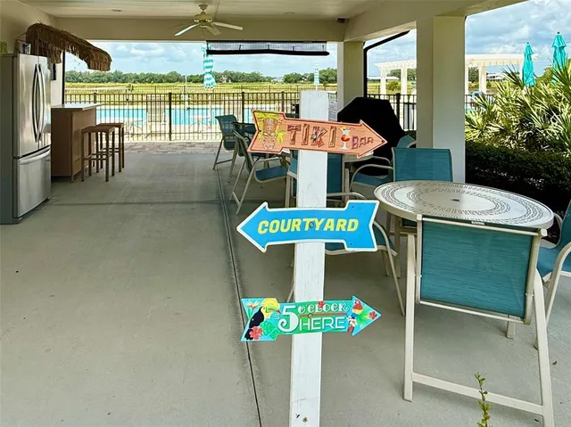 an outdoor space with seating space