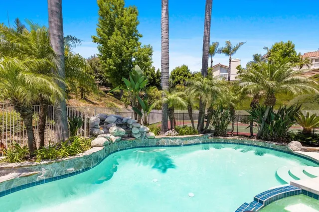 a view of a swimming pool with a yard