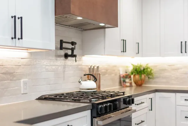 a kitchen with a stove and potted plant